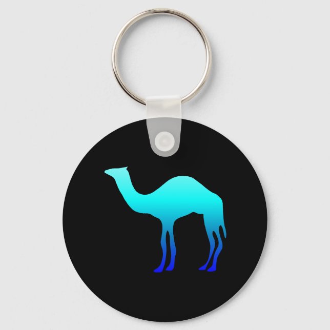 Aqua Blue Ombre Camel Silhouette on Black Key Ring (Front)