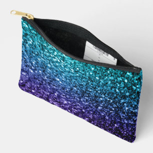 Aqua blue ombre faux glitter sparkles accessory pouch