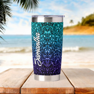 Aqua blue Ombre faux glitter sparkles Custom name Insulated Tumbler