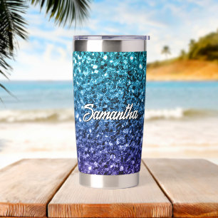 Aqua blue Ombre faux glitter sparkles Custom name Insulated Tumbler