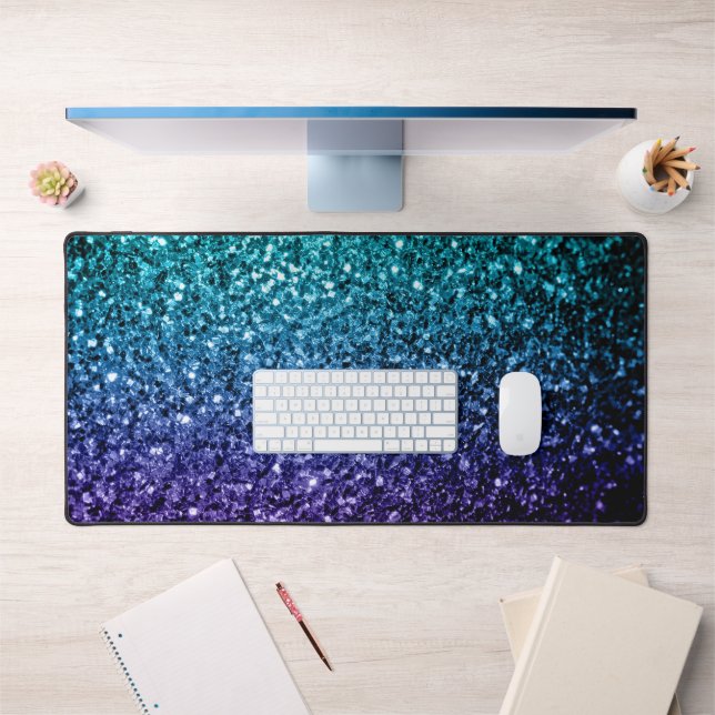 Aqua blue ombre faux glitter sparkles desk mat (Office 1)