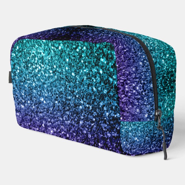 Aqua blue ombre faux glitter sparkles dopp kit (Right Corner)