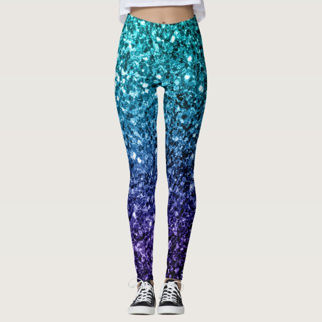 Aqua blue Ombre faux glitter sparkles Leggings (Front)