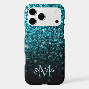 Aqua blue Ombre faux glitter sparkles Monogram