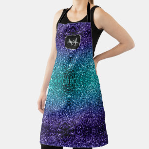 Aqua blue Ombre faux glitter sparkles Monogram Apron