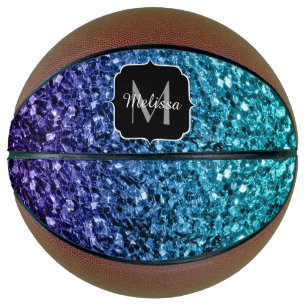 Aqua blue ombre faux glitter sparkles Monogram Basketball
