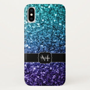 Aqua blue Ombre faux glitter sparkles Monogram iPhone X Case