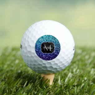 Aqua blue Ombre faux glitter sparkles Monogram Golf Balls