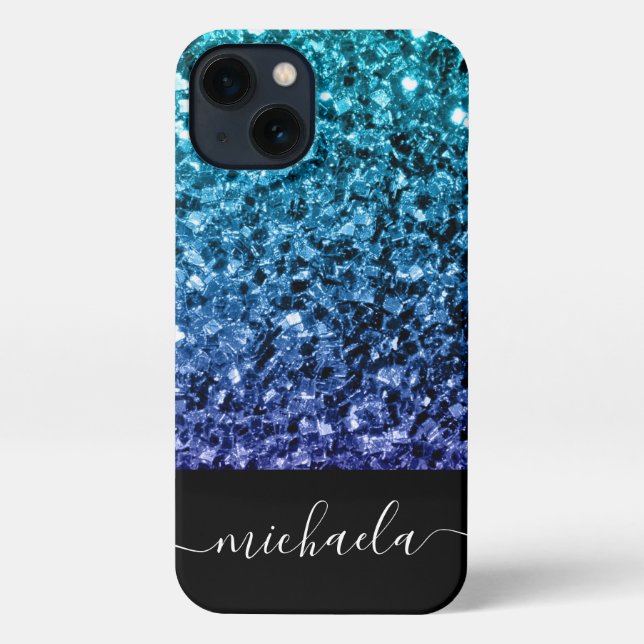 Aqua blue Ombre faux glitter sparkles Monogram iPhone Case (Back)