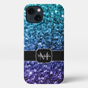 Aqua blue Ombre faux glitter sparkles Monogram iPhone 13 Case