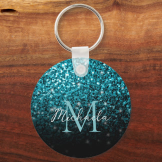 Aqua blue Ombre faux glitter sparkles Monogram Key Ring