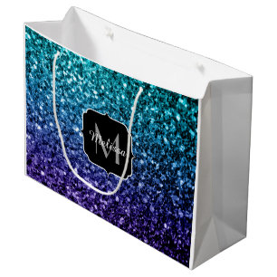Aqua blue Ombre faux glitter sparkles Monogram Large Gift Bag