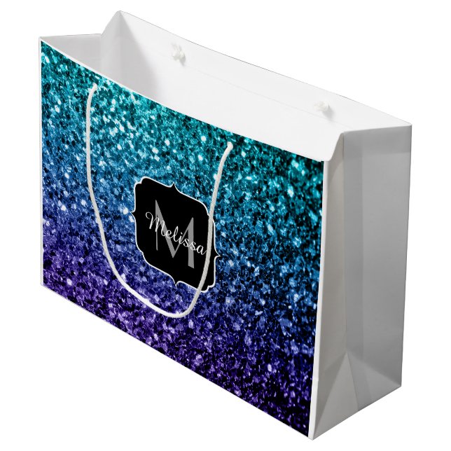 Aqua blue Ombre faux glitter sparkles Monogram Large Gift Bag (Front Angled)