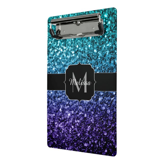 Aqua blue Ombre faux glitter sparkles Monogram Mini Clipboard (Angled2)