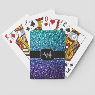 Aqua blue Ombre faux glitter sparkles Monogram Playing Cards