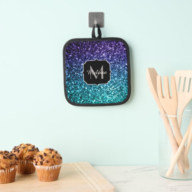 Aqua blue ombre faux glitter sparkles Monogram Pot Holder (Insitu(Hanging))