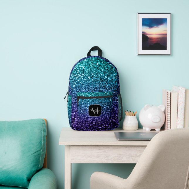Aqua blue ombre faux glitter sparkles Monogram Printed Backpack (Insitu)
