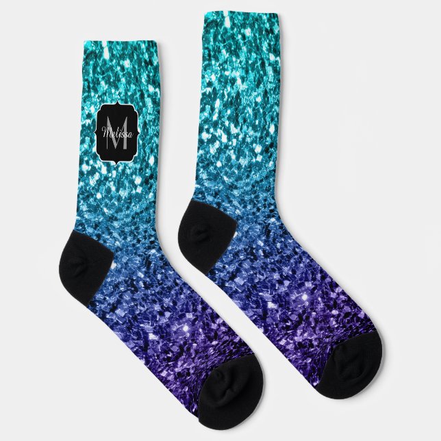 Aqua blue Ombre faux glitter sparkles Monogram Socks (Right)
