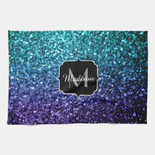Aqua blue Ombre faux glitter sparkles Monogram Tea Towel