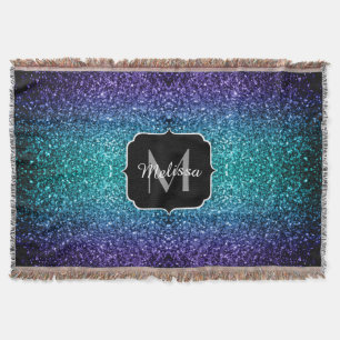 Aqua blue Ombre faux glitter sparkles Monogram Throw Blanket