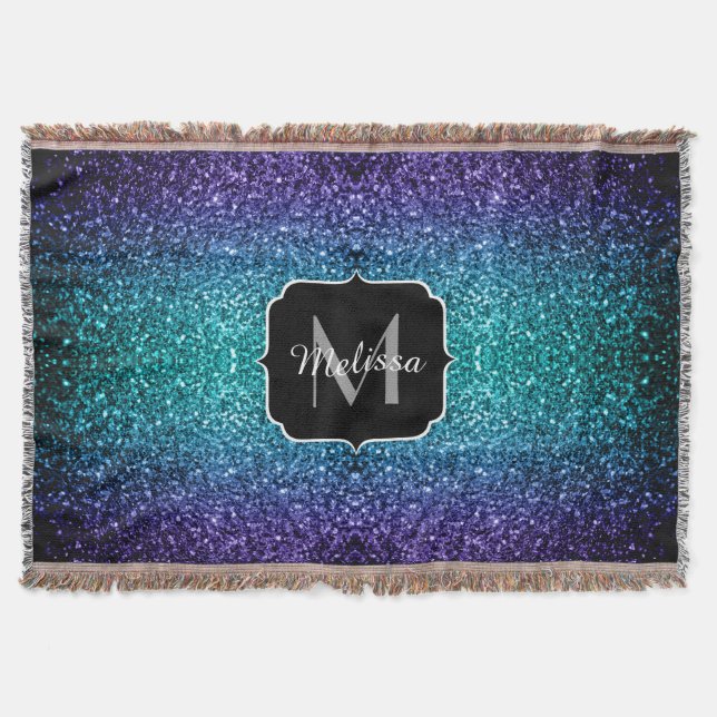 Aqua blue Ombre faux glitter sparkles Monogram Throw Blanket (Front)