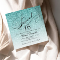 Aqua Blue Ombre Glam Glitter Sweet 16 Square