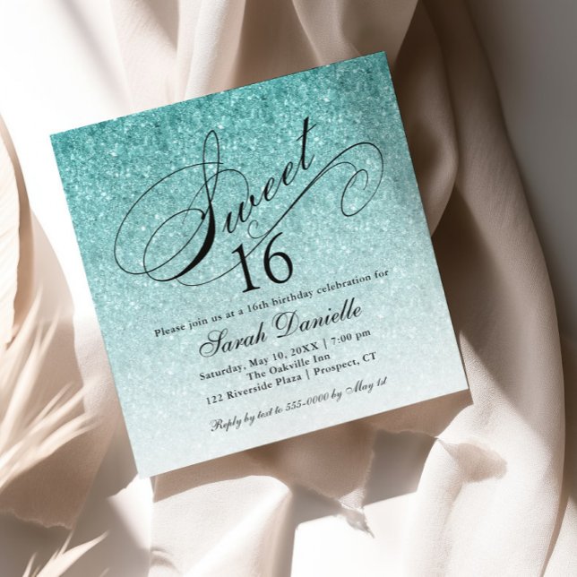Aqua Blue Ombre Glam Glitter Sweet 16 Square Invitation (Creator Uploaded)