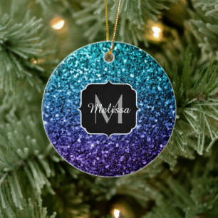 Aqua blue Ombre glitter sparkles Monogram Ceramic Ornament