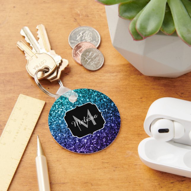 Aqua blue Ombre glitter sparkles Monogram Key Ring (Desk)