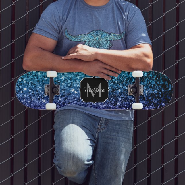 Aqua blue Ombre glitter sparkles Monogram Skateboard (Outdoor 3)