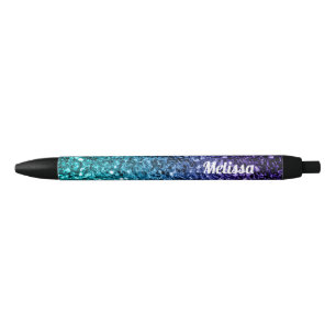 Aqua blue Ombre glitter sparkles Personalise Black Ink Pen