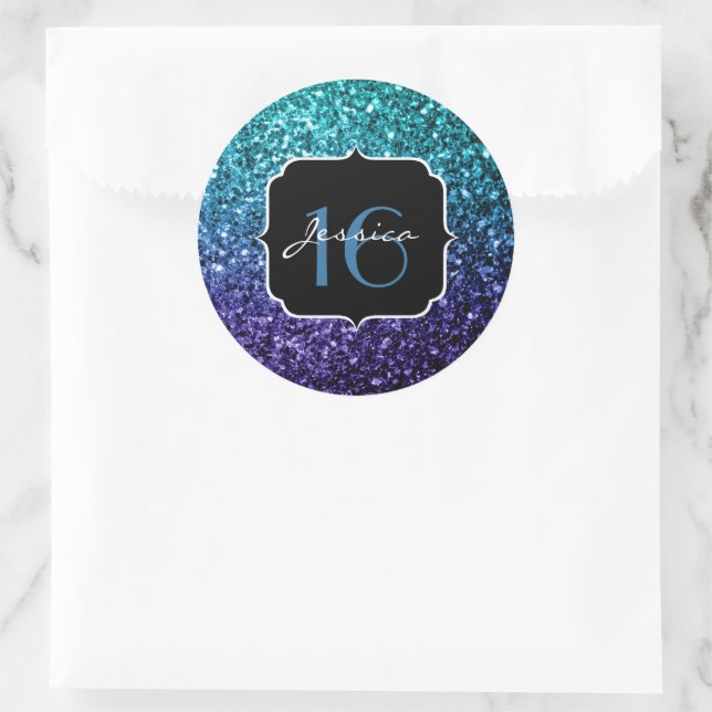Aqua blue Ombre glitter sparkles Sweet 16 Classic Round Sticker (Bag)