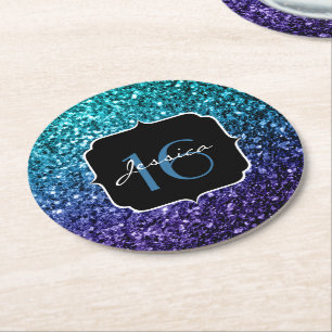 Aqua blue Ombre glitter sparkles Sweet 16 Round Paper Coaster