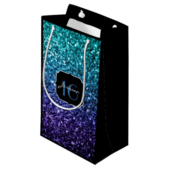 Aqua blue Ombre glitter sparkles Sweet 16 Small Gift Bag (Front Angled)