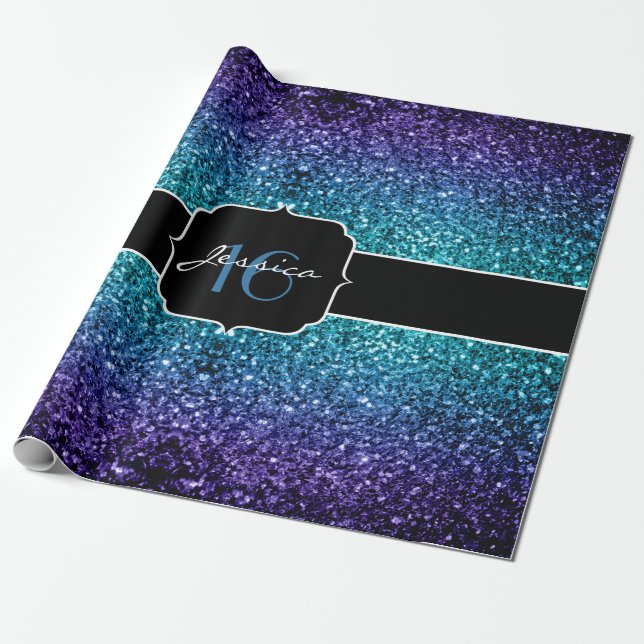 Aqua blue Ombre glitter sparkles Sweet 16 Wrapping Paper (Unrolled)