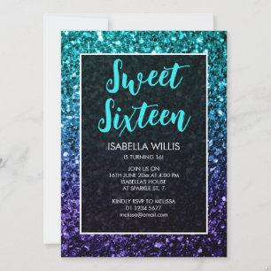 Aqua blue Ombre sparkles Sweet 16 elegant script Invitation
