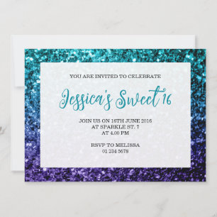 Aqua blue Ombre sparkles Sweet 16 elegant script Invitation