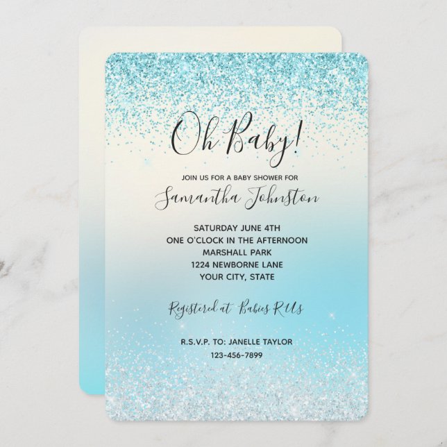 Aqua Blue Ombre Tie dye Glitzy Sparkle Glitter Invitation (Front/Back)