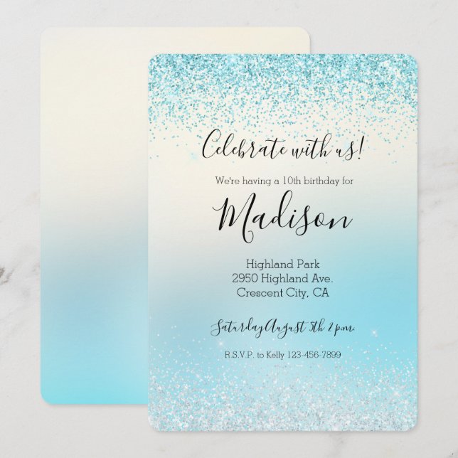 Aqua Blue Ombre Tie dye Glitzy Sparkle Glitter Invitation (Front/Back)