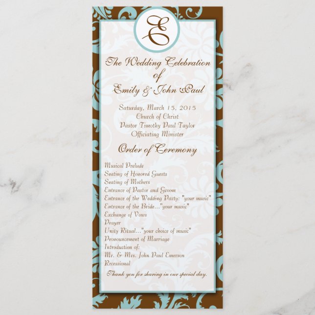 Aqua Blue on Brown Damask  Wedding Program (Front)