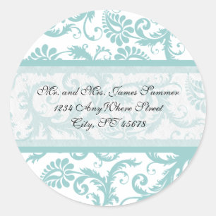 Aqua Blue on White Damask Address Wedding Stickers