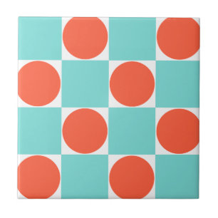 Aqua Blue & Orange Dots Retro Chequered Pattern Tile