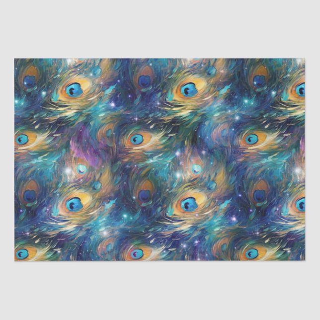 Aqua Blue Painted Peacock Feathers Tissue Paper (Front)
