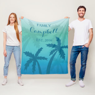 Aqua Blue Palm Tree Tropical Custom Family Fleece Blanket