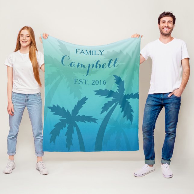 Aqua Blue Palm Tree Tropical Custom Family Fleece Blanket (In Situ)