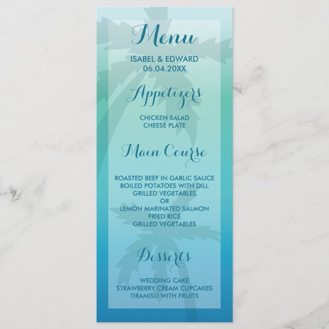 Aqua Blue Palm Tree Tropical Wedding Menu (Front)