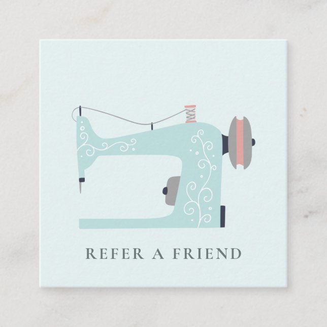 AQUA BLUE PEACH PINK SEWING MACHINE REFER A FRIEND SQUARE BUSINESS CARD (Front)