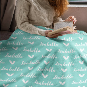 Aqua Blue Personalized Name Blanket with Hearts
