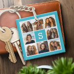 Aqua Blue Photo Collage Custom Monogram Key Ring<br><div class="desc">You can use Instagram photos for this design. Use 8 square photos to create a unique and personal gift. Or you can keep the hipster puppy and make a trendy keepsake. If you need to adjust the pictures,  click on the customise tool to make changes.</div>