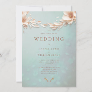 Aqua blue pink floral wedding invitation